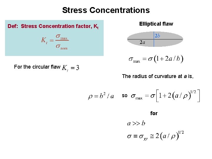 Stress Concentrations Elliptical flaw Def: Stress Concentration factor, Kt 2 b 2 a For