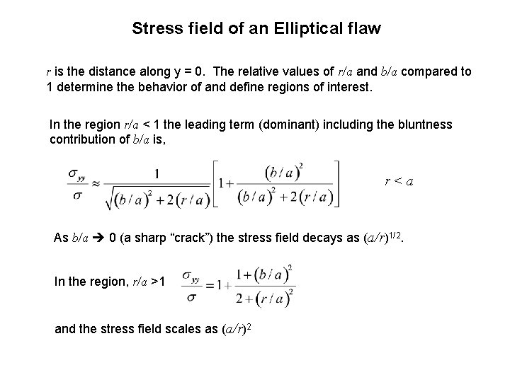 Stress field of an Elliptical flaw r is the distance along y = 0.
