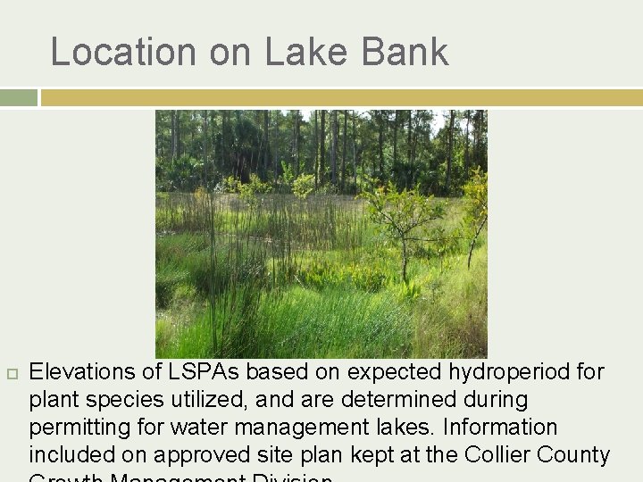 Location on Lake Bank Elevations of LSPAs based on expected hydroperiod for plant species
