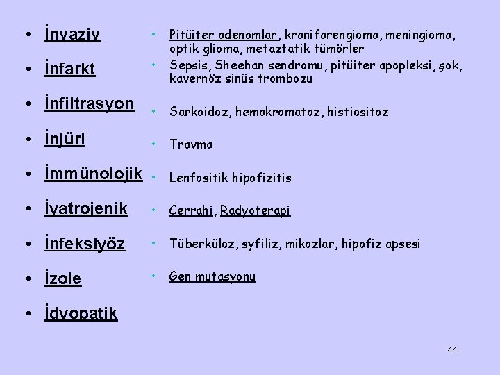  • İnvaziv • Pitüiter adenomlar, kranifarengioma, meningioma, HİPOPİTÜİTARİZM optik SEBEPLERİ glioma, metaztatik tümörler