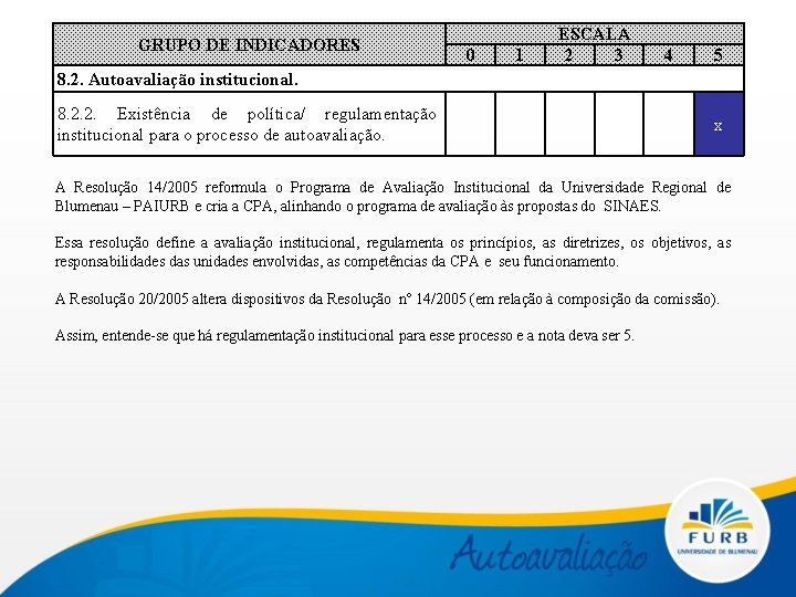 GRUPO DE INDICADORES 0 1 ESCALA 2 3 4 5 8. 2. Autoavaliação institucional.