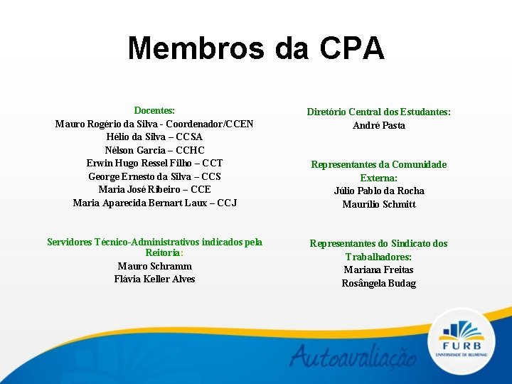 Membros da CPA Docentes: Mauro Rogério da Silva - Coordenador/CCEN Hélio da Silva –