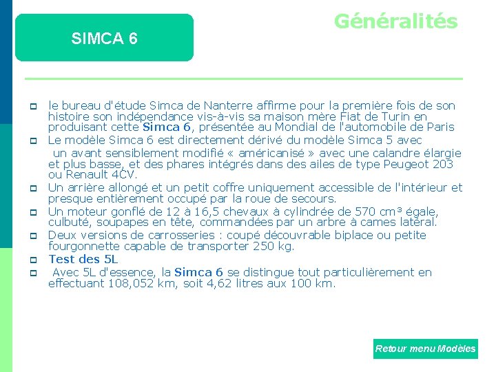 SIMCA 6 p p p p Généralités le bureau d'étude Simca de Nanterre affirme