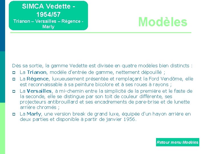 SIMCA Vedette 1954/57 Trianon – Versailles – Régence Marly Modèles Dès sa sortie, la