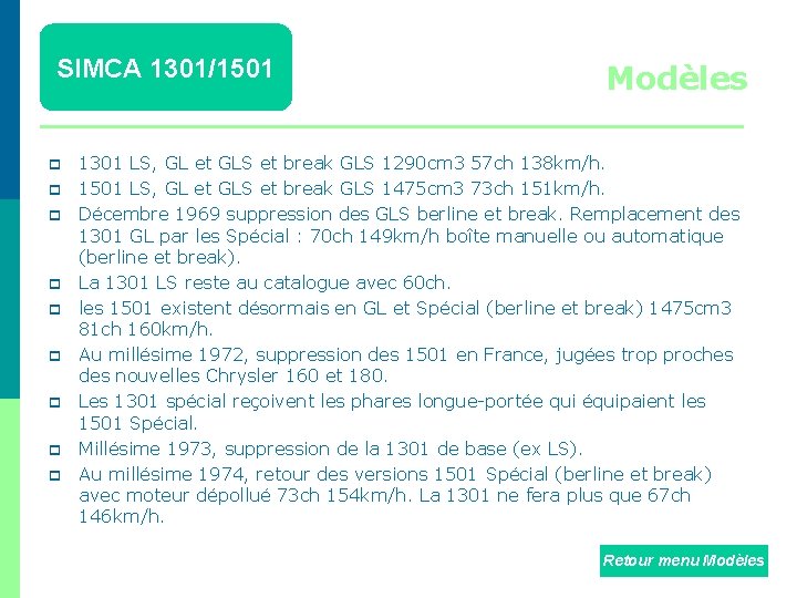 SIMCA 1301/1501 p p p p p Modèles 1301 LS, GL et GLS et