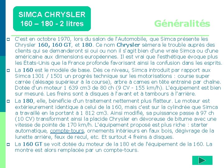 SIMCA CHRYSLER 160 – 180 - 2 litres p p Généralités C'est en octobre