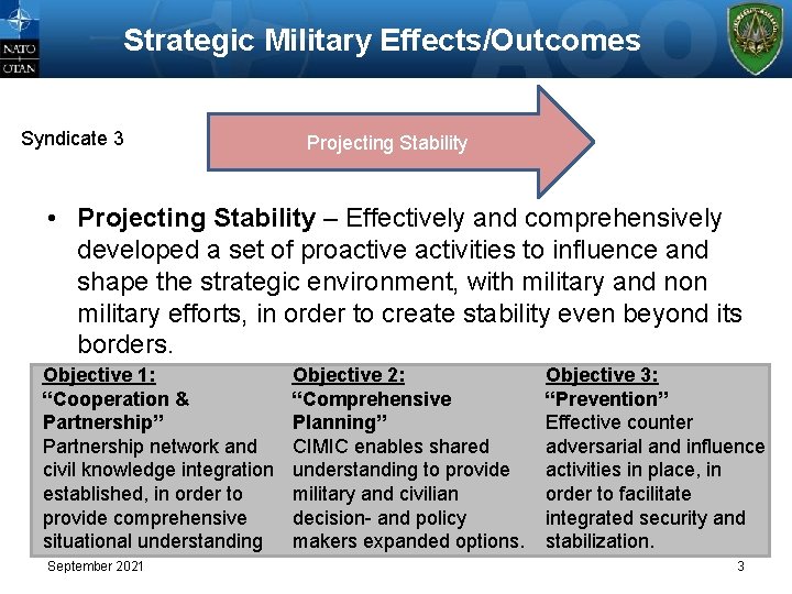 Strategic Military Effects/Outcomes Syndicate 3 Projecting Stability • Projecting Stability – Effectively and comprehensively