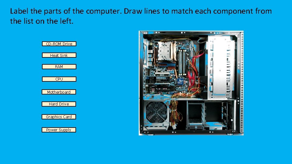 Label the parts of the computer. Draw lines to match each component from the