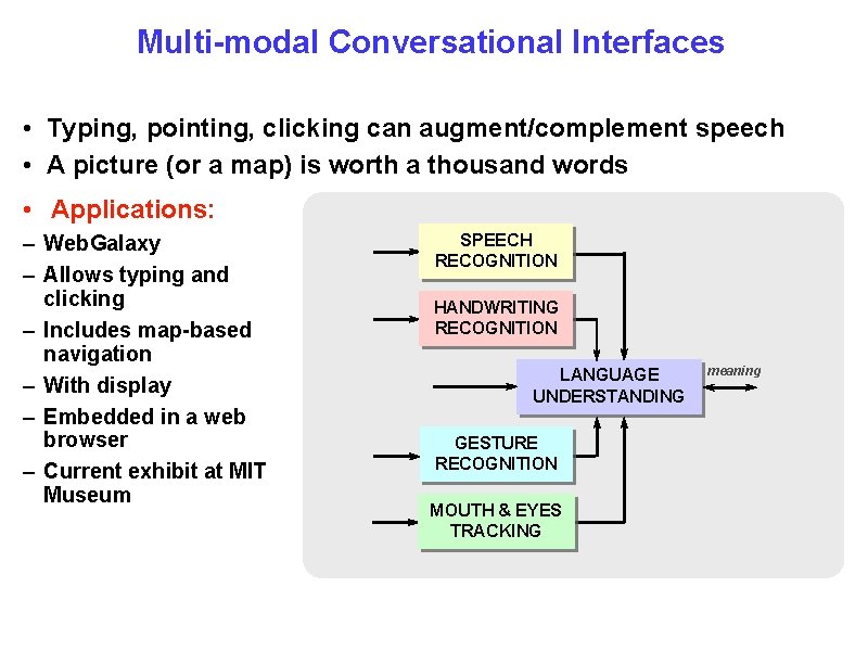 Multi-modal Conversational Interfaces • Typing, pointing, clicking can augment/complement speech • A picture (or