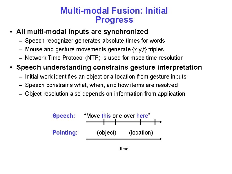 Multi-modal Fusion: Initial Progress • All multi-modal inputs are synchronized – Speech recognizer generates