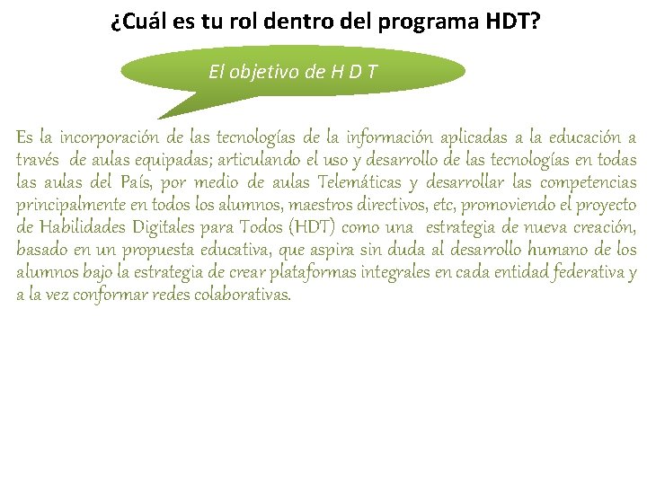 ¿Cuál es tu rol dentro del programa HDT? El objetivo de H D T