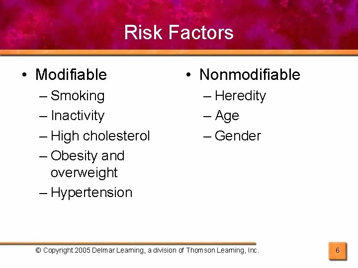 Risk Factors • Modifiable – Smoking – Inactivity – High cholesterol – Obesity and