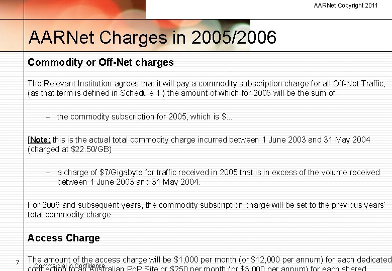 AARNet Copyright 2011 AARNet Charges in 2005/2006 Commodity or Off-Net charges The Relevant Institution