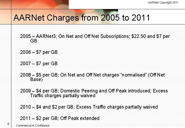 AARNet Copyright 2011 AARNet Charges from 2005 to 2011 2005 – AARNet 3; On