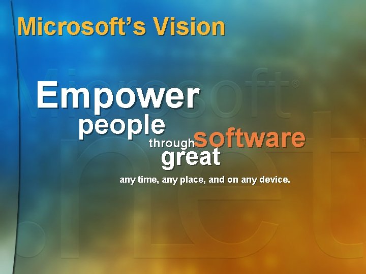 Microsoft’s Vision Empower people throughsoftware great any time, any place, and on any device.