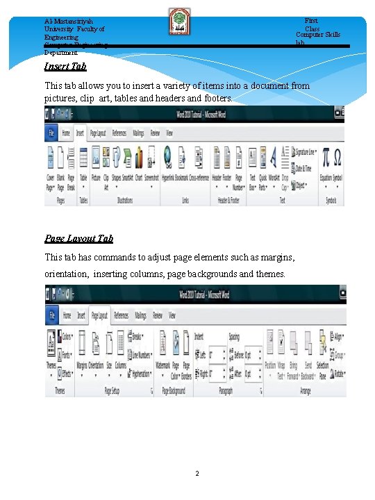 First Class Computer Skills lab. Al-Mustansiriyah University Faculty of Engineering Computer Engineering Department Insert