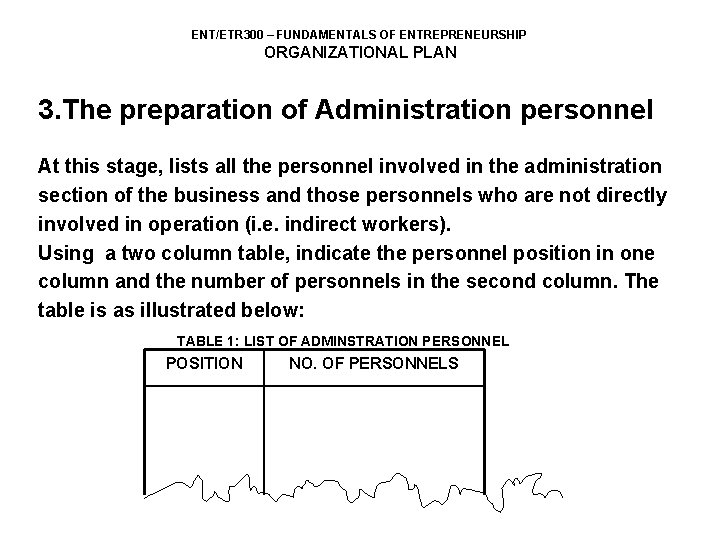 ENT/ETR 300 – FUNDAMENTALS OF ENTREPRENEURSHIP ORGANIZATIONAL PLAN 3. The preparation of Administration personnel