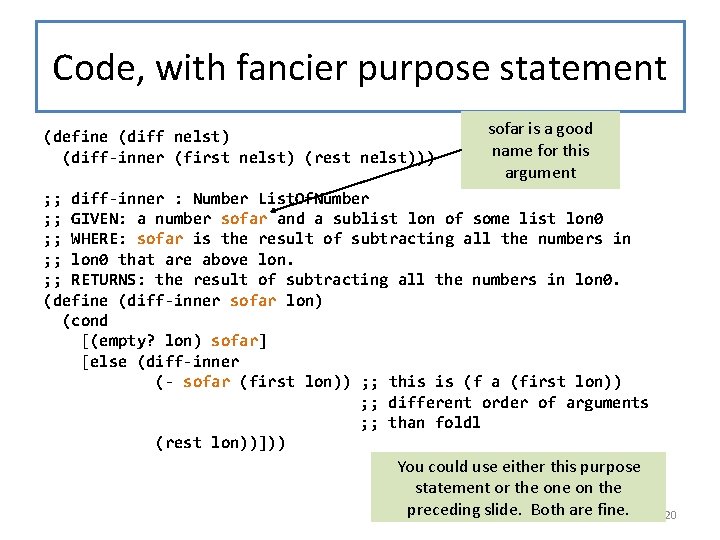 Code, with fancier purpose statement (define (diff nelst) (diff-inner (first nelst) (rest nelst))) sofar