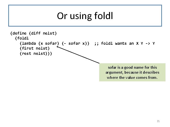 Or using foldl (define (diff nelst) (foldl (lambda (x sofar) (- sofar x)) (first