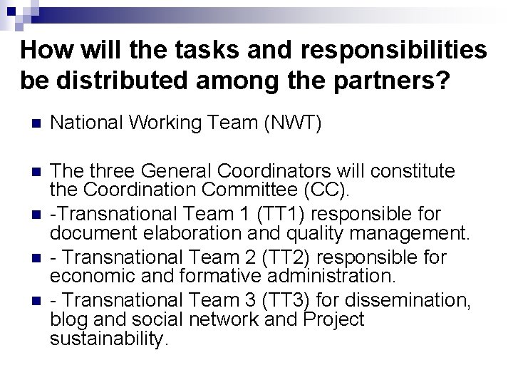 How will the tasks and responsibilities be distributed among the partners? n National Working