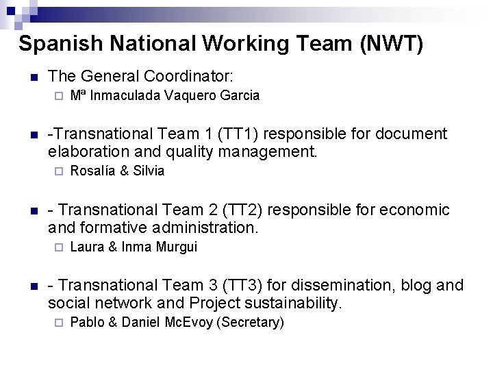 Spanish National Working Team (NWT) n The General Coordinator: ¨ n -Transnational Team 1