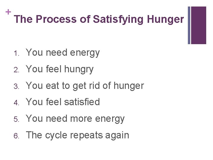 + The Process of Satisfying Hunger 1. You need energy 2. You feel hungry