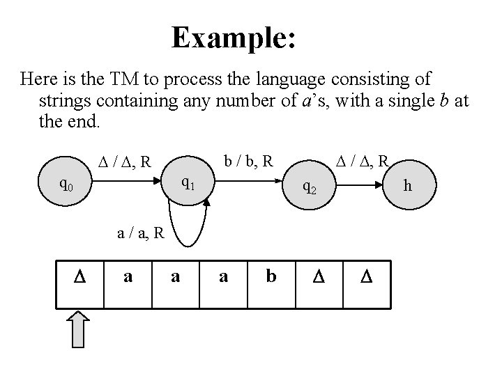 Example: Here is the TM to process the language consisting of strings containing any