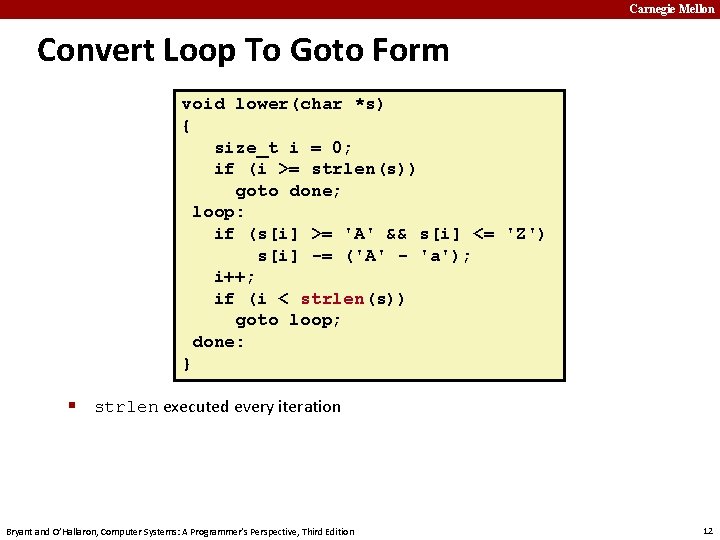 Carnegie Mellon Convert Loop To Goto Form void lower(char *s) { size_t i =