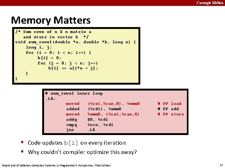 Carnegie Mellon Memory Matters /* Sum rows of n X n matrix a and