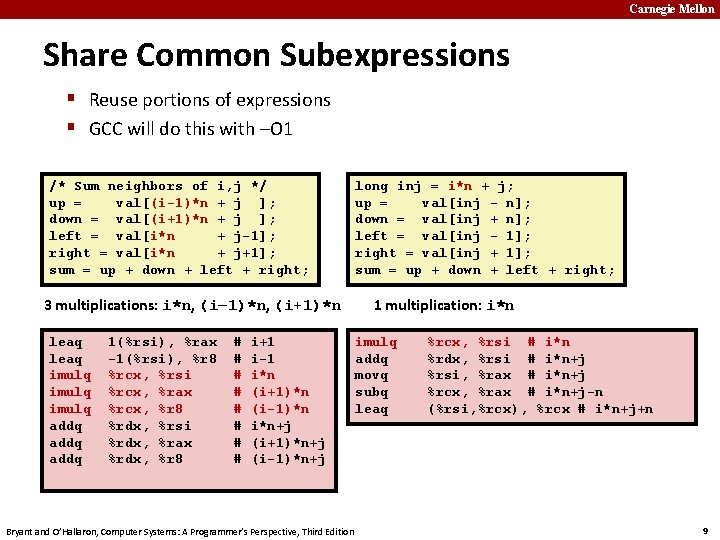 Carnegie Mellon Share Common Subexpressions § Reuse portions of expressions § GCC will do