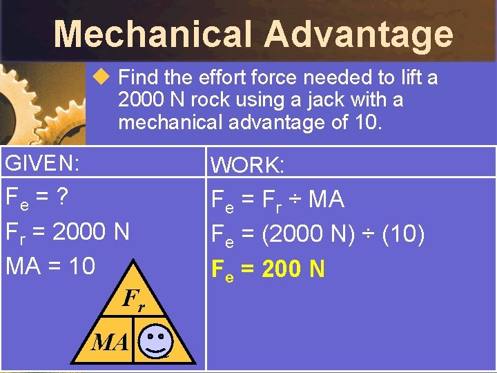 Mechanical Advantage u Find the effort force needed to lift a 2000 N rock