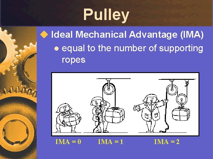 Pulley u Ideal Mechanical Advantage (IMA) l equal to the number of supporting ropes
