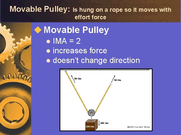 Movable Pulley: Is hung on a rope so it moves with effort force u