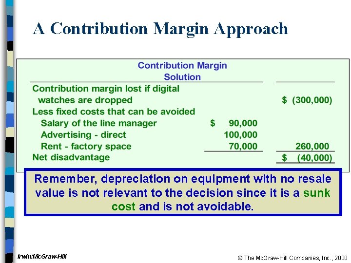 A Contribution Margin Approach Remember, depreciation on equipment with no resale value is not
