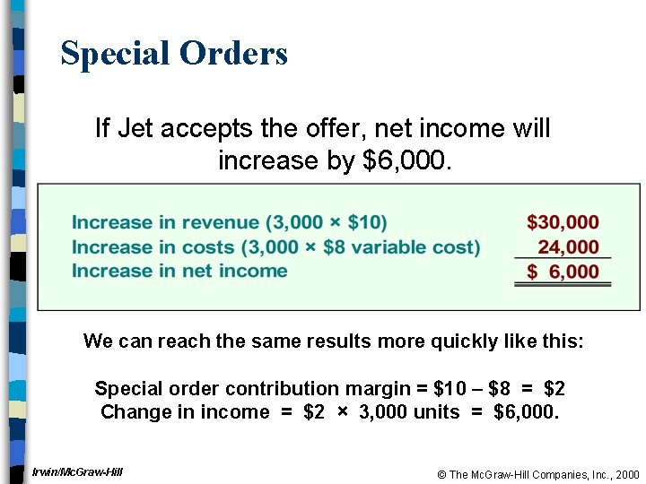 Special Orders If Jet accepts the offer, net income will increase by $6, 000.