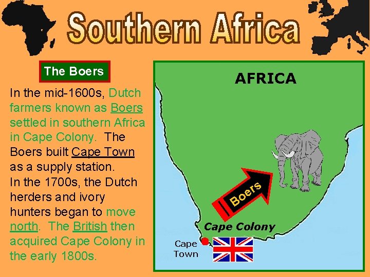 The Boers In the mid-1600 s, Dutch farmers known as Boers settled in southern