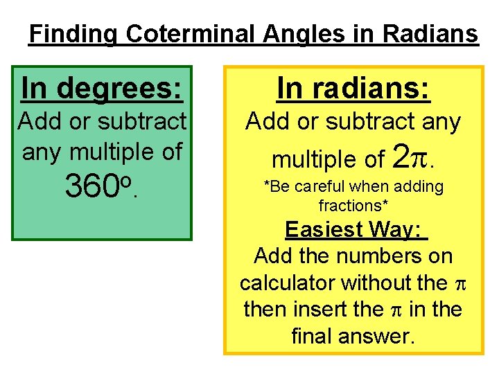 Finding Coterminal Angles in Radians In degrees: In radians: Add or subtract any multiple