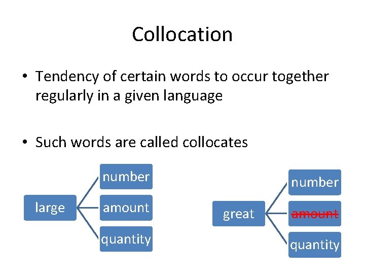 Collocation • Tendency of certain words to occur together regularly in a given language