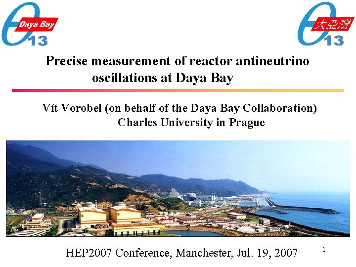 Precise measurement of reactor antineutrino oscillations at Daya Bay Vít Vorobel (on behalf of