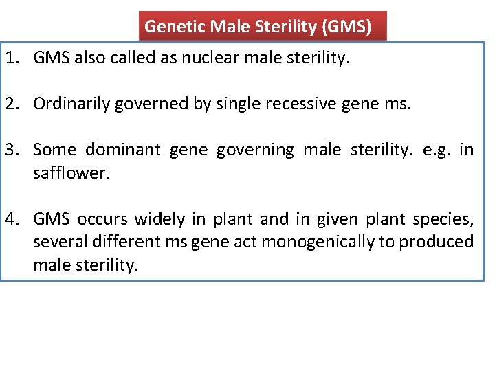 Genetic Male Sterility (GMS) 1. GMS also called as nuclear male sterility. 2. Ordinarily