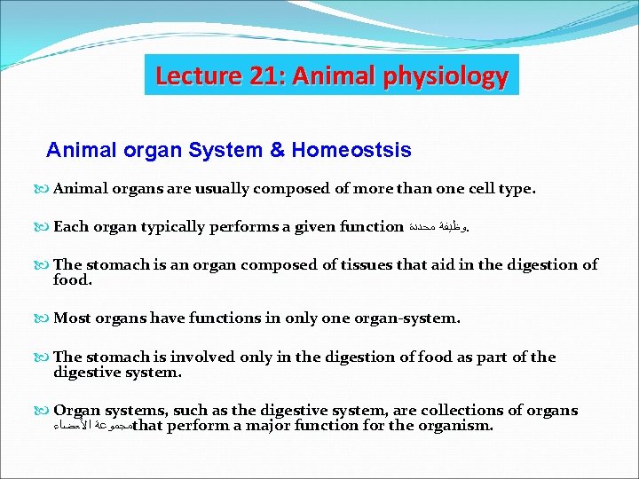 Lecture 21: Animal physiology Animal organ System & Homeostsis Animal organs are usually composed
