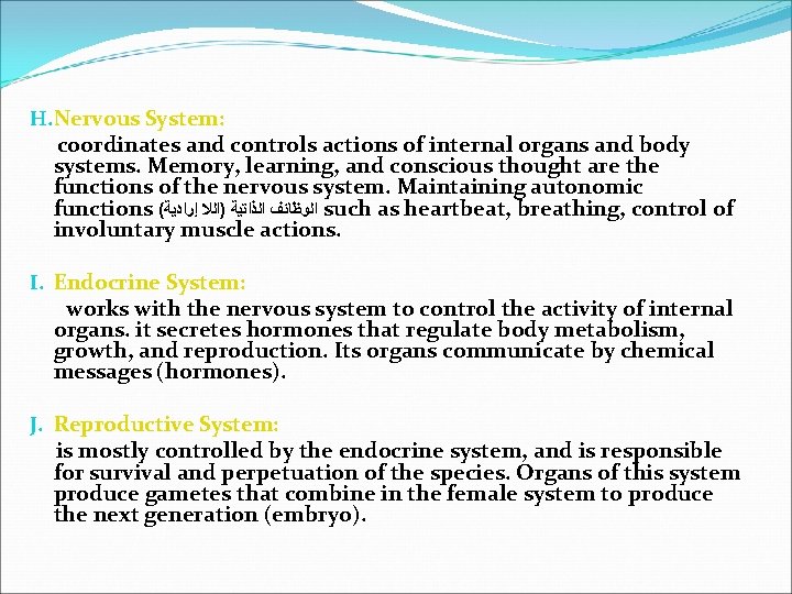 H. Nervous System: coordinates and controls actions of internal organs and body systems. Memory,