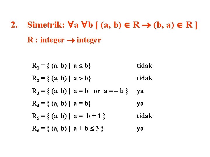 2. Simetrik: a b [ (a, b) R (b, a) R ] R :