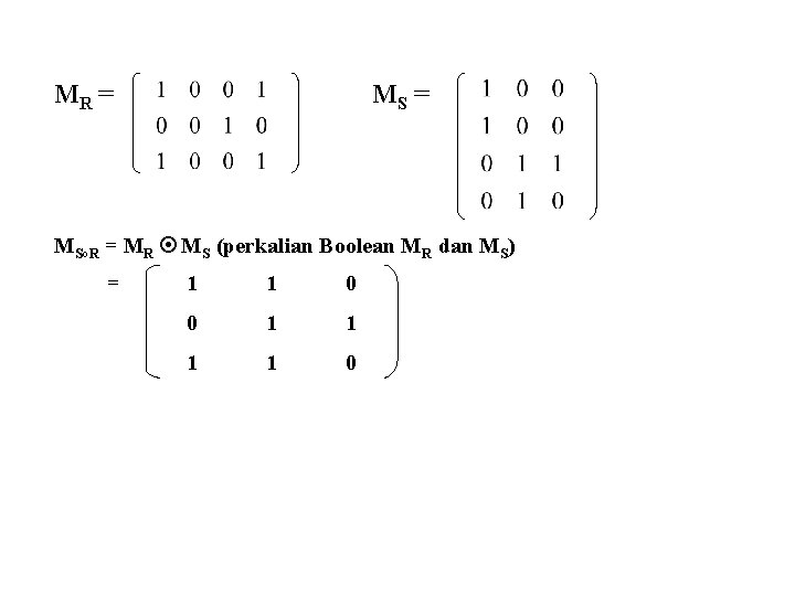 MR = MS°R = MR MS (perkalian Boolean MR dan MS) = 1 1 MR = MS°R = MR MS (perkalian Boolean MR dan MS) = 1 1