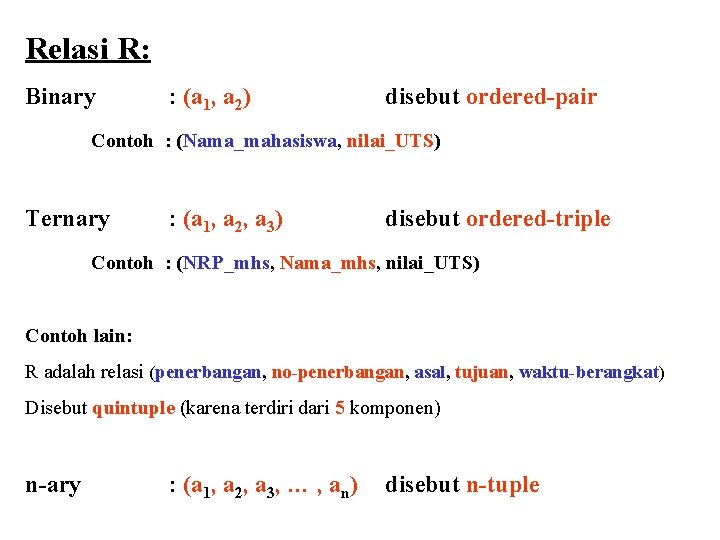 Relasi R: Binary : (a 1, a 2) disebut ordered-pair Contoh : (Nama_mahasiswa, nilai_UTS) Relasi R: Binary : (a 1, a 2) disebut ordered-pair Contoh : (Nama_mahasiswa, nilai_UTS)