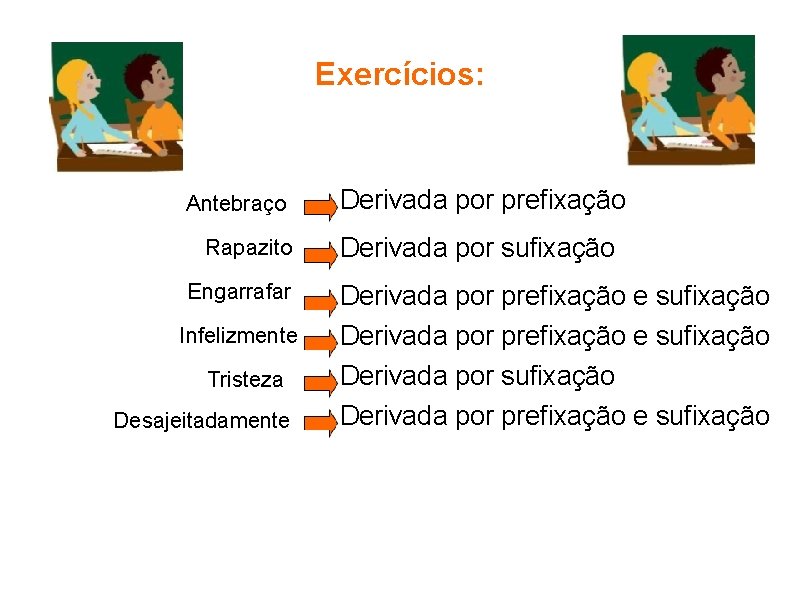 Exercícios: Antebraço Rapazito Engarrafar Infelizmente Tristeza Desajeitadamente Derivada por prefixação Derivada por sufixação Derivada