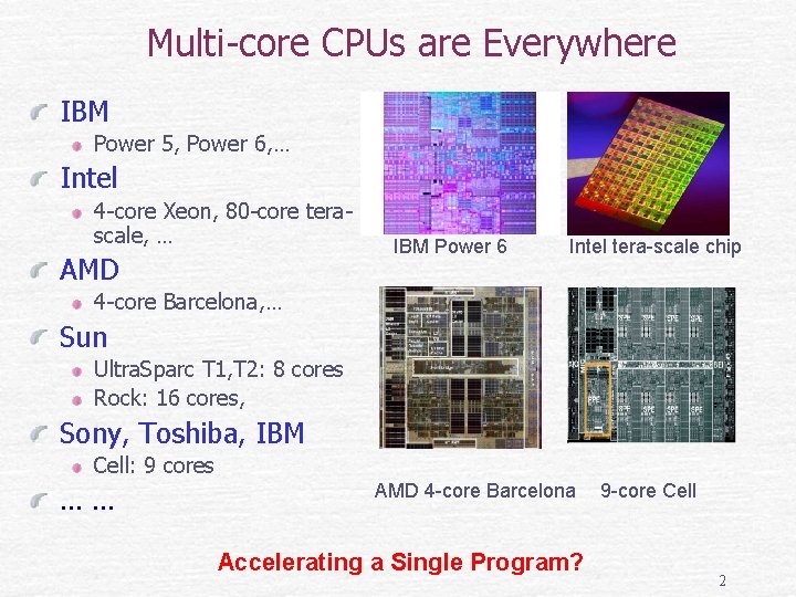 Multi-core CPUs are Everywhere IBM Power 5, Power 6, … Intel 4 -core Xeon,