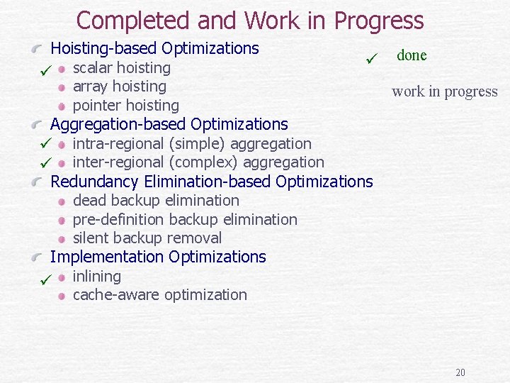 Completed and Work in Progress Hoisting-based Optimizations done scalar hoisting array hoisting work in