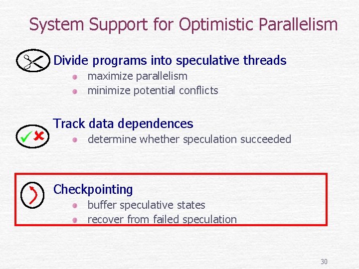 System Support for Optimistic Parallelism Divide programs into speculative threads maximize parallelism minimize potential