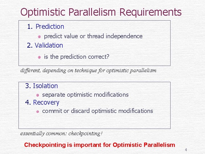 Optimistic Parallelism Requirements 1. Prediction predict value or thread independence 2. Validation is the